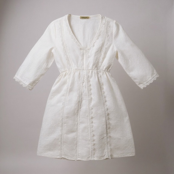 Valentina Naldi Linen Mini Dress Sz S, Crochet Trim White, Coastal, Boho, Hippie - Picture 2 of 8